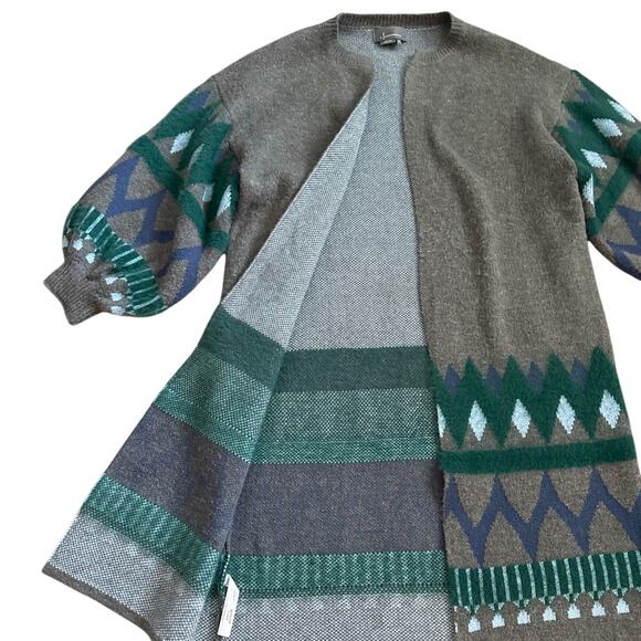 Anthropologie Kai Embroidered Aztec Cardigan Sweater Gray/Teal Size One Size - Picture 9 of 13